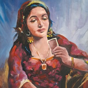 Gitana con cartas Pintura al óleo Adivina en cartas Arte mural Pintura al óleo original sobre lienzo Adivina en cartas pintura