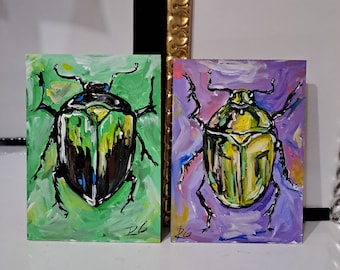 Beetle Painting Set: Original Acrylic Insect Art, 5x7"
