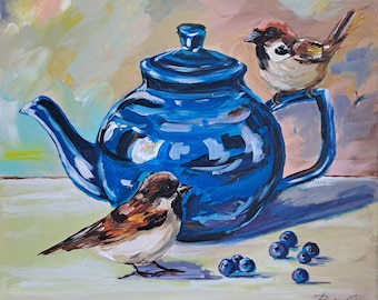 Sparrows on Teapot Acrylic Painting: Original Bird Art (11x10 in)