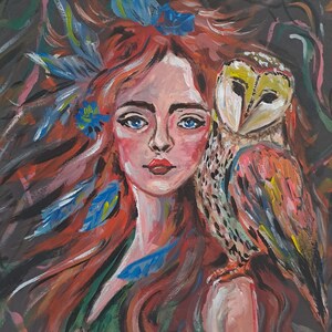 Red-Haired Girl with Owl Painting: Colorful Portrait Art, 8x8.8