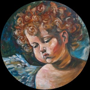 Engel Ölbild Rundgemälde Schutzengel Gemälde Kinderzimmer Renaissance Gemälde Kinderportrait Kindheitskunst 45 cm von RadaGor