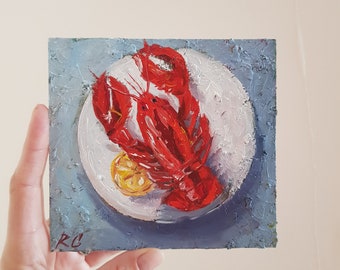 Oyster Original Art Seafood Painting Lobster Small Artwork Impasto Oil Painting Kitchen Wall Art Food Painting