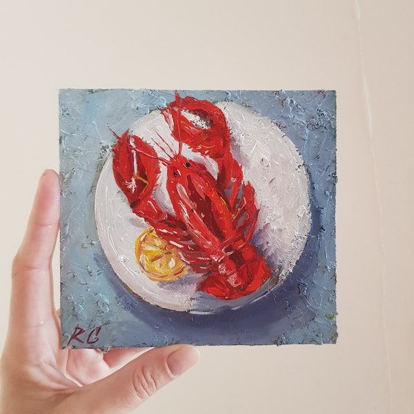 Oyster Original Art Seafood Painting Lobster Small Artwork Impasto Oil Painting Kitchen Wall Art Food Painting