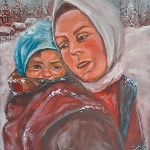 油絵 母と子 ロシアの民間伝承 教会のある冬の風景 母親と子供の肖像 オリジナルの油絵