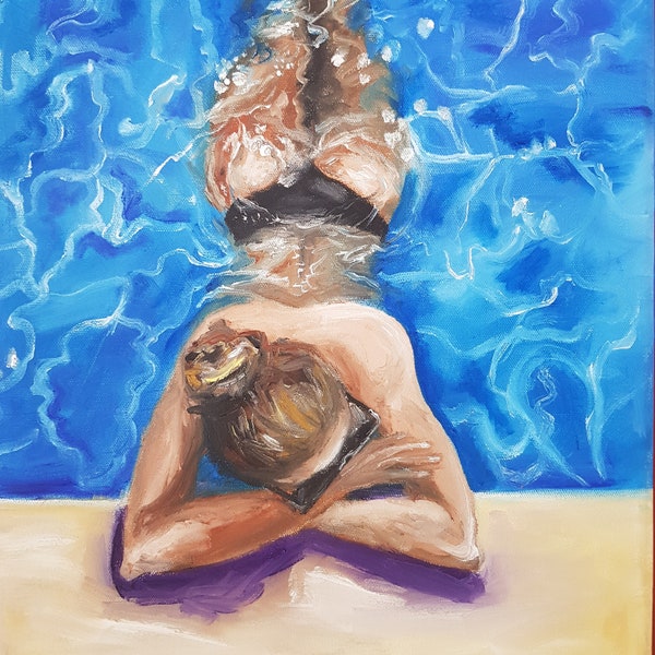 Girl In The Pool Original Oil Painting Beach Painting Girl in Swimsuit Summer Wall Art Girl Bathing nude Girl by Rada Gor Art