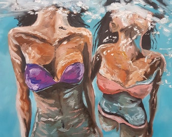 Diver Girls Oil Painting: Seascape Underwater Art (25x19)
