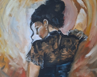 May include: A painting of a woman in a black and white dress with a lace top. She is wearing a pearl earring and has her hair pulled back in a bun. The background is a warm, golden color.