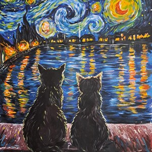 May include: Two black cats sit side-by-side on a ledge, looking out at a starry night sky reflected in a body of water. The sky is painted in a swirling blue and yellow pattern, reminiscent of Vincent van Gogh's 'Starry Night'.