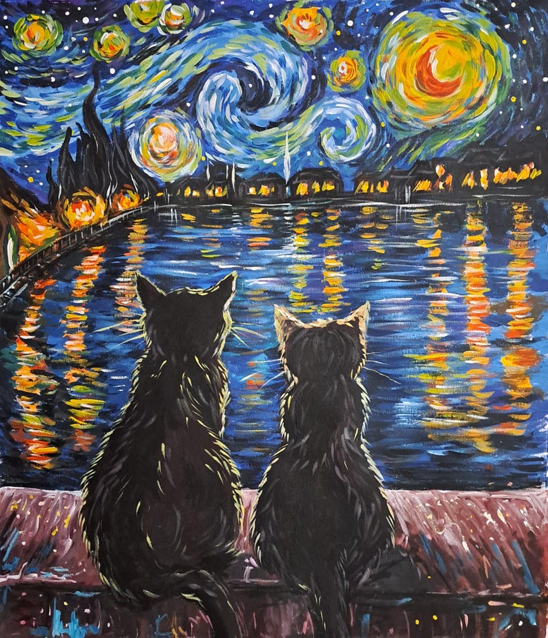 May include: Two black cats sit side-by-side on a ledge, looking out at a starry night sky reflected in a body of water. The sky is painted in a swirling blue and yellow pattern, reminiscent of Vincent van Gogh's 'Starry Night'.