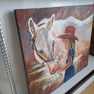 Girl with Horse Large Oil painting on Canvas Original Oil Painting White Horse by the Lake Girl in a red cowboy hat 27x31 by Rada Gor image 10