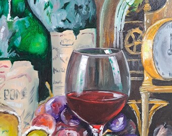 静物油彩画 ぶどうとワインボトル 静物油彩画 ぶどうとワインボトル 美術品・アンティーク