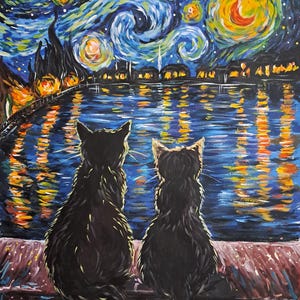 May include: Two black cats sit side-by-side on a ledge, looking out at a starry night sky reflected in a body of water. The sky is painted in a swirling blue and yellow pattern, reminiscent of Vincent van Gogh's 'Starry Night'.