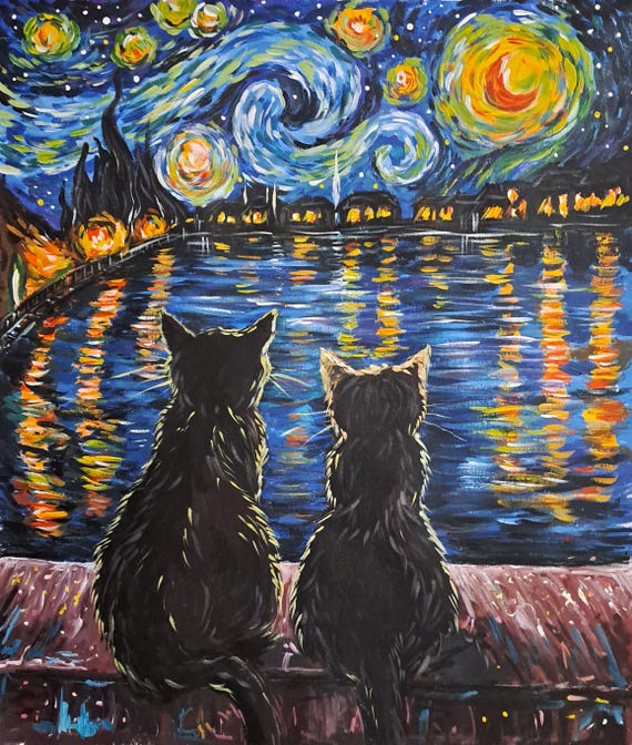 Van Gogh Cats Acrylic Painting: Starry Night Inspired Art (19x22)