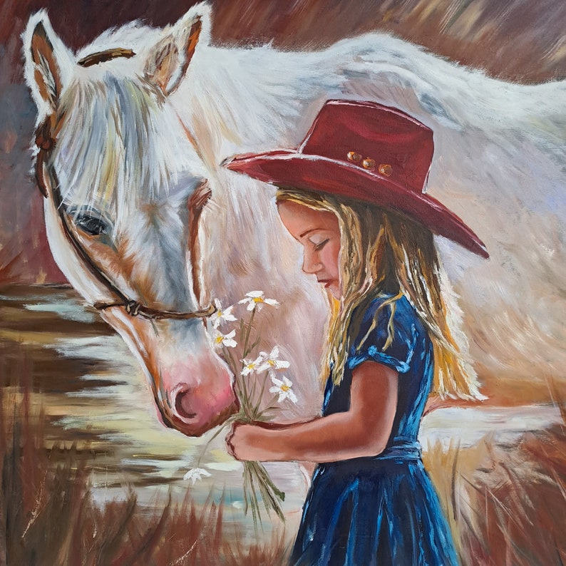 Girl with Horse Large Oil painting on Canvas Original Oil Painting White Horse by the Lake Girl in a red cowboy hat 27x31 by Rada Gor image 9