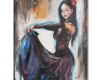 Flamenco dancer painting Women portrait painting abstrat dancer painting flamenco abstract art painting wall art 10x8" by Rada Gor