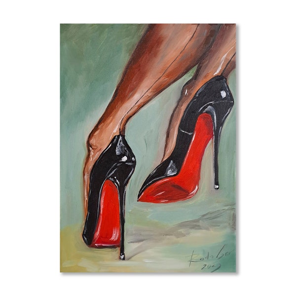 Peinture à l'huile de chaussures noires, art à la mode, chaussures à plateforme massive, peinture à l'huile sur toile, chaussures d'art à la mode