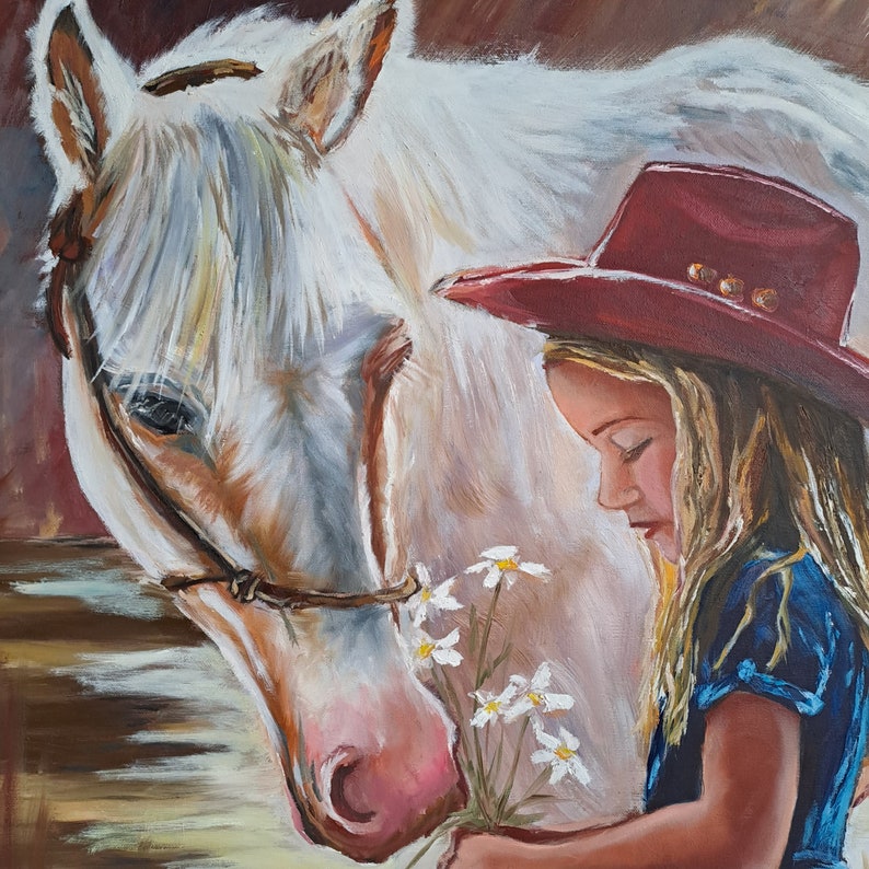 Girl with Horse Large Oil painting on Canvas Original Oil Painting White Horse by the Lake Girl in a red cowboy hat 27x31 by Rada Gor image 8