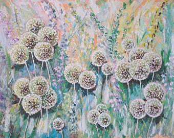 Dandelion Flowers Painting: Large Abstract Floral Landscape, 22x29