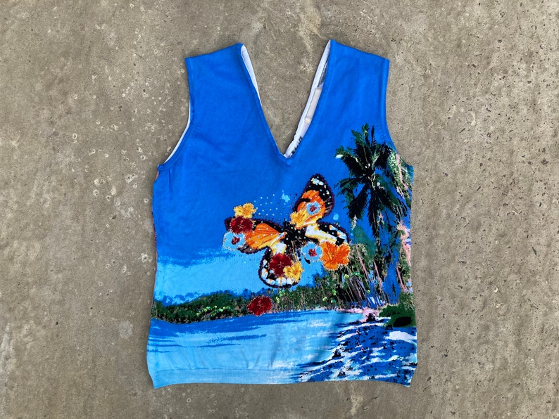 vintage vest y2k vest sweater vest butterfly sweater palms sweater printed vest sequins vest printed pullover big size L