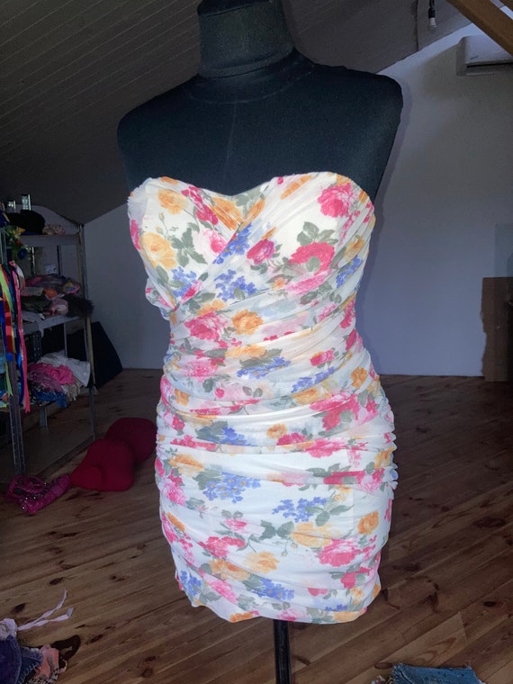 y2k printed mesh flowers mini corset dress / y2k … - image 2