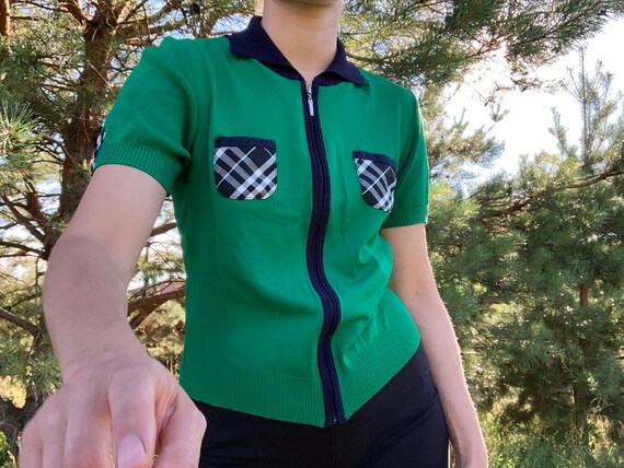 vintage top / zipper top / knitted top / green top