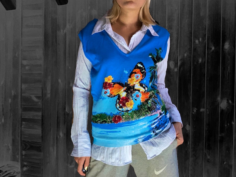 vintage vest y2k vest sweater vest butterfly sweater palms sweater printed vest sequins vest printed pullover big size L