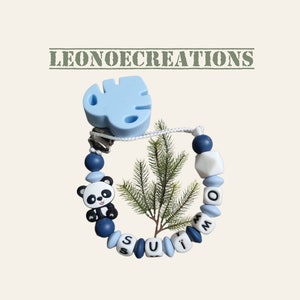 Personalized panda pacifier clip – Blue beads – Boy birth gift – Baby name – Silicone pacifier clip