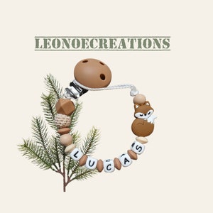 Personalized Fox Pacifier Clip - Natural Colors - Baby Boy or Unisex - Forest Birth Gift
