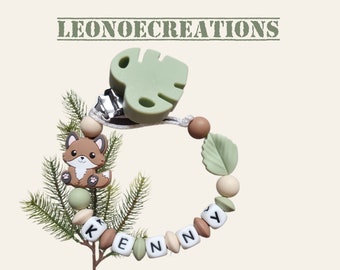 Personalized Fox Pacifier Clip – Green Silicone Leaf Clip – Silicone Name Beads