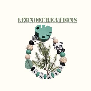 Panda pacifier clip – Personalized first name – Eucalyptus leaf clip