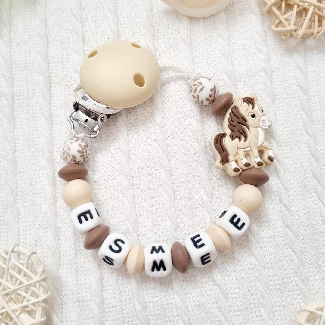 Personalized Horse Pacifier Clip - Beige Silicone Beads - Baby Gift - Etsy