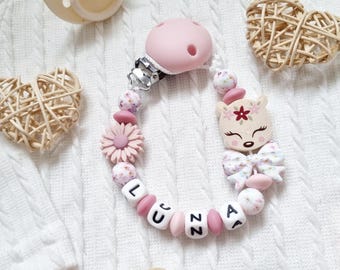 Personalized pacifier clip - Deer - Flower - Pink silicone beads - Baby girl