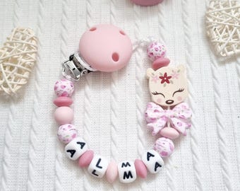 Clip para chupete personalizado con forma de ciervo - Cuentas de silicona rosa - Regalo para niña