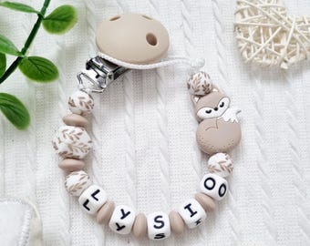 Sujetachupetes de zorro personalizado – Cuentas y follaje color topo – Regalo para bebé