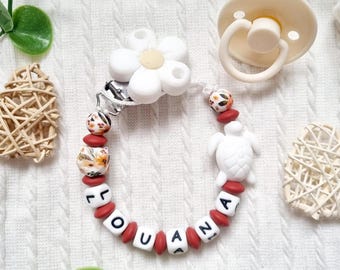 Clip para chupete de tortuga personalizado – Clip de flor – Cuentas de silicona – Regalo para bebé niña