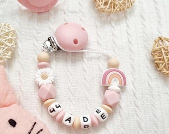 Personalized flower pacifier clip – Pink silicone beads – Baby girl gift