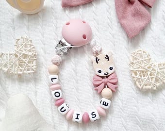 Sujetachupetes de ciervo personalizado – Cuentas rosas – Regalo para bebé niña