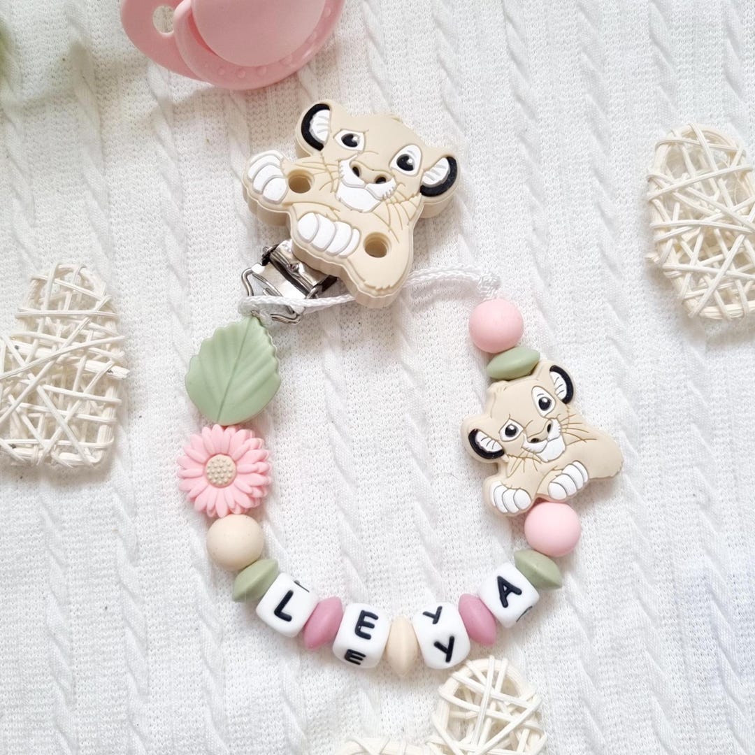 Personalized Simba Pacifier Clip – Pink and Green Silicone Beads – Baby ...