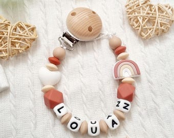 Personalized rainbow pacifier clip - Beige and terracotta silicone beads - baby gift