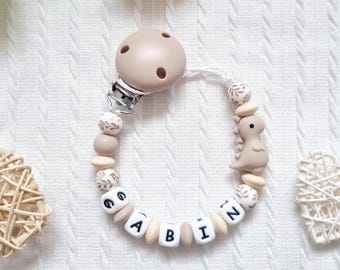 Clip personalizado para chupete de bebé - Soporte para chupete de dinosaurio - Regalo para baby shower - Cuentas de silicona beige