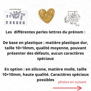 Puede incluir: Dos juegos de cuentas de letras para manualidades. El primer juego est&aacute; hecho de pl&aacute;stico blanco y est&aacute; etiquetado como "Lettre Plastique". El segundo juego est&aacute; hecho de silicona blanca y est&aacute; etiquetado como "Lettre Silicone". Ambos juegos tienen un tama&ntilde;o de 10 mm.