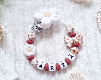 Pinza para chupete con forma de flor personalizada - Perlas de silicona color rojo ocre - Regalo para bebé