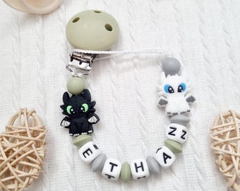 Sujetachupetes sin dientes personalizado – Cuentas verdes y grises – Regalo para bebé