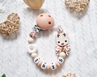 Personalized Doe Pacifier Clip - Silicone Clip - Peach Beads - Flower