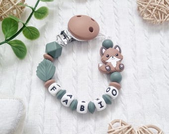 Sujetachupetes personalizado de zorro – Cuentas verdes y marrones – Tema del bosque