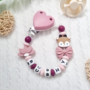Gepersonaliseerde speenclip met hertje – Roze speenclip – Cadeau voor een babymeisje