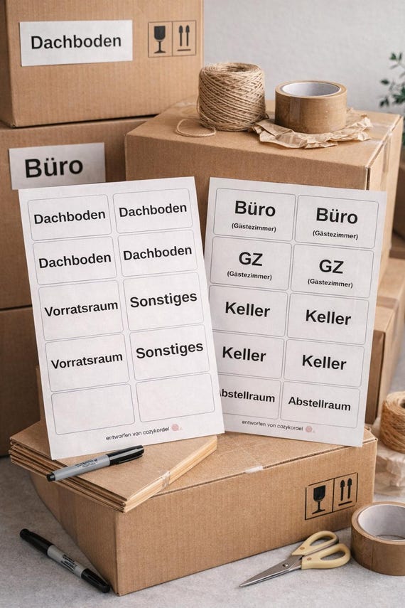 Umzugssticker Keller Büro Dachboden | Aufkleber Umzugskarton Set Nebenräume | Umzugsaufkleber Kartons beschriften Ordnungssystem ablösbar