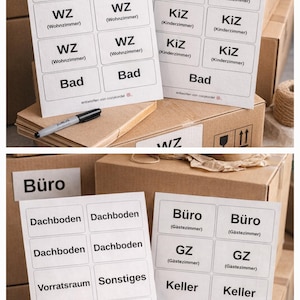 Könnte beinhalten: Blätter mit weißen rechteckigen Etiketten mit schwarzem Text, darunter "Küche", "SZ", "KiZ", "Bad", "WZ", "Büro", "Dachboden", "Vorrattsraum", "Sonstiges", "Keller" und "Abstellraum". Die Etiketten sind auf Kartons angeordnet.