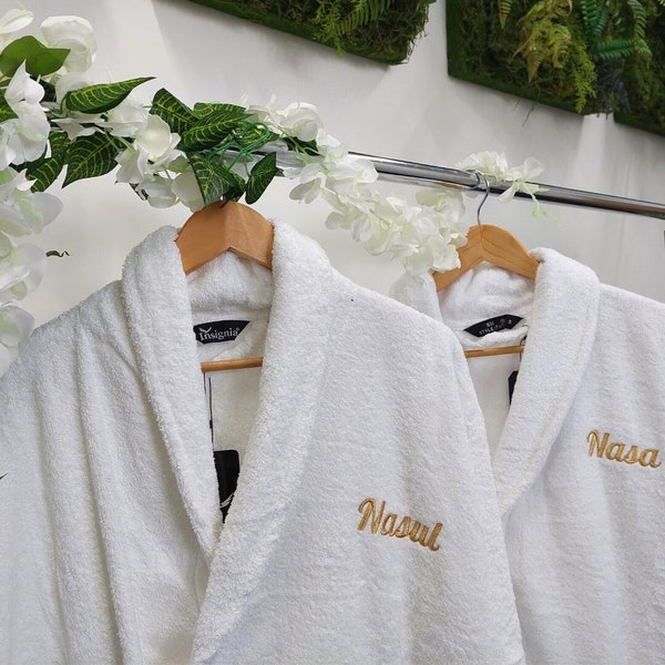 Personalised His / Hers, Mr / Mrs, Bride / Groom Mens Womens Unisex Towel Bath Robe Spa Monogrammed Terry Dressing Gown 100% Cotton