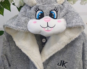 Womens Personalised Dressing Gown Hooded Fleece Lined Fluffy Snuggle Soft Novelty Rabbit Grey Bath Robe